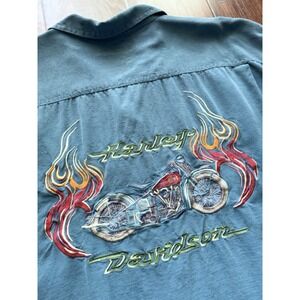 Tommy Bahama Harley Davidson Motorcycle 100% Silk Shirt 2XL Blue Embroidered